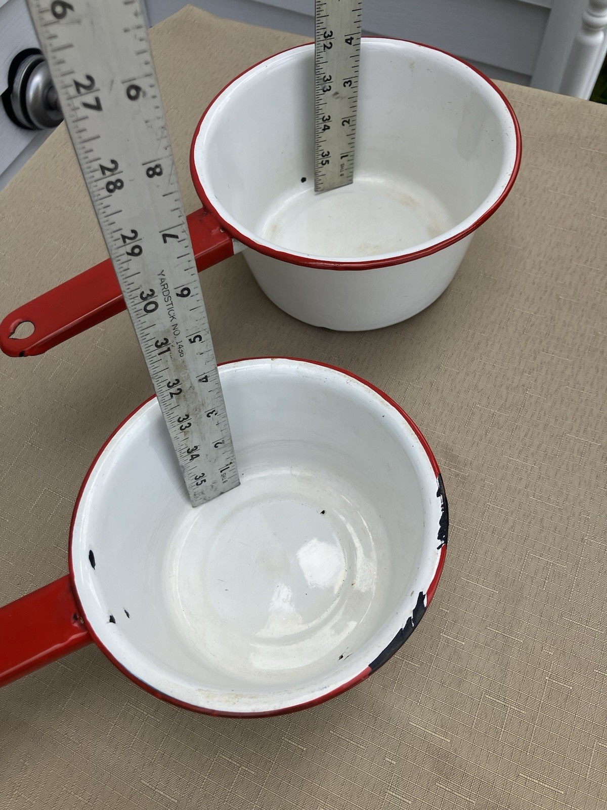 Vintage 1950s Classic White/Red Enamel 2-Piece Saucepan Set Long Handle