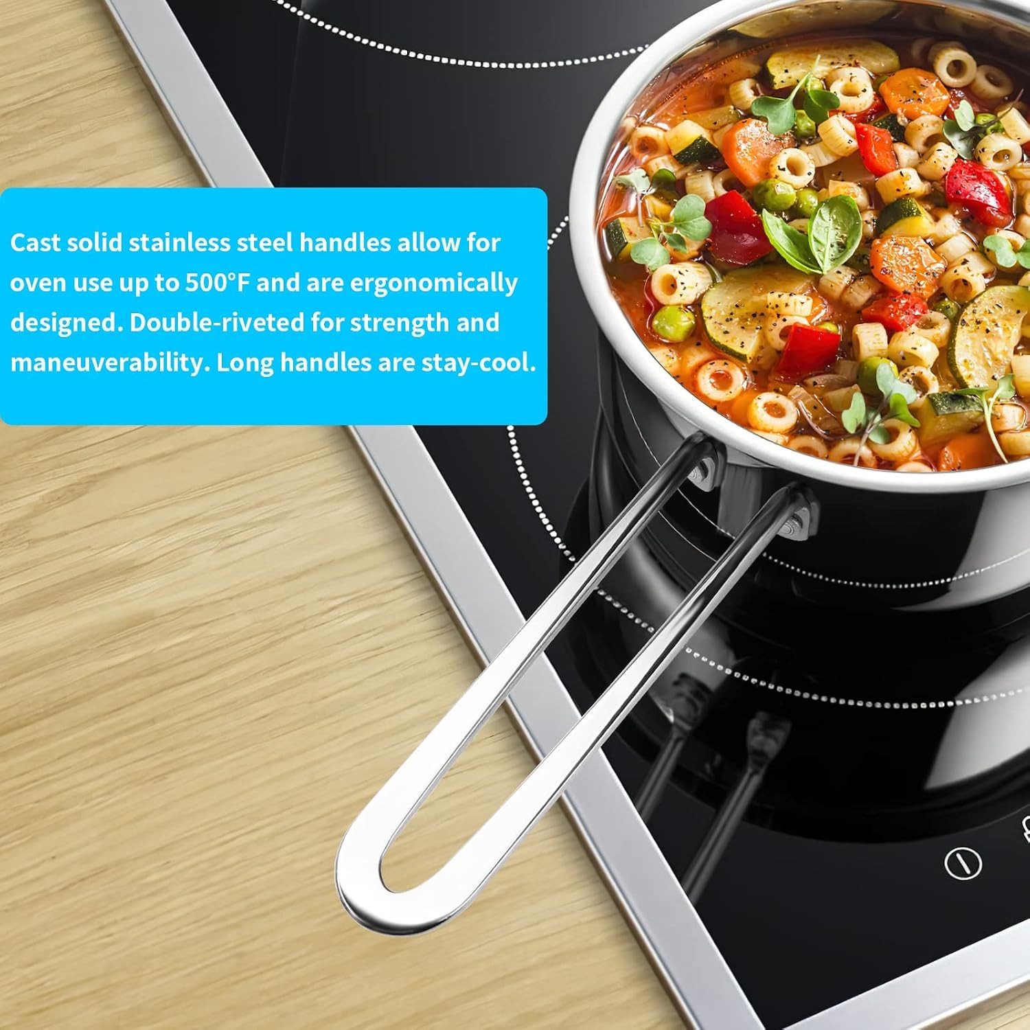 Stainless Steel Kitchen Pots Glass Lids Stay Cool Handles Induction Gas Cookware