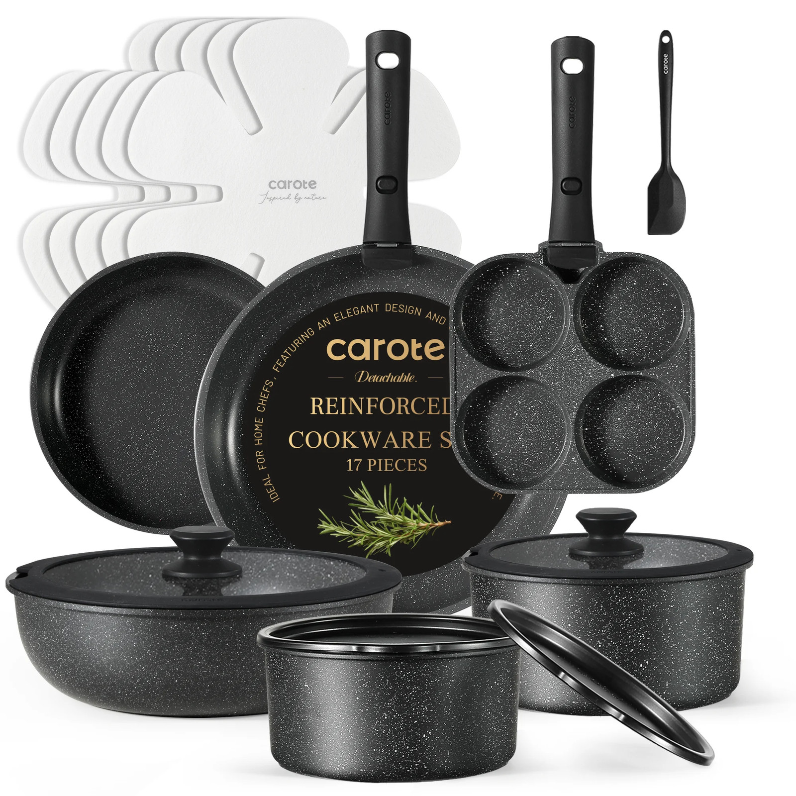 Carote C08200 17pcs Nonstick Cookware Set, Granite, Black