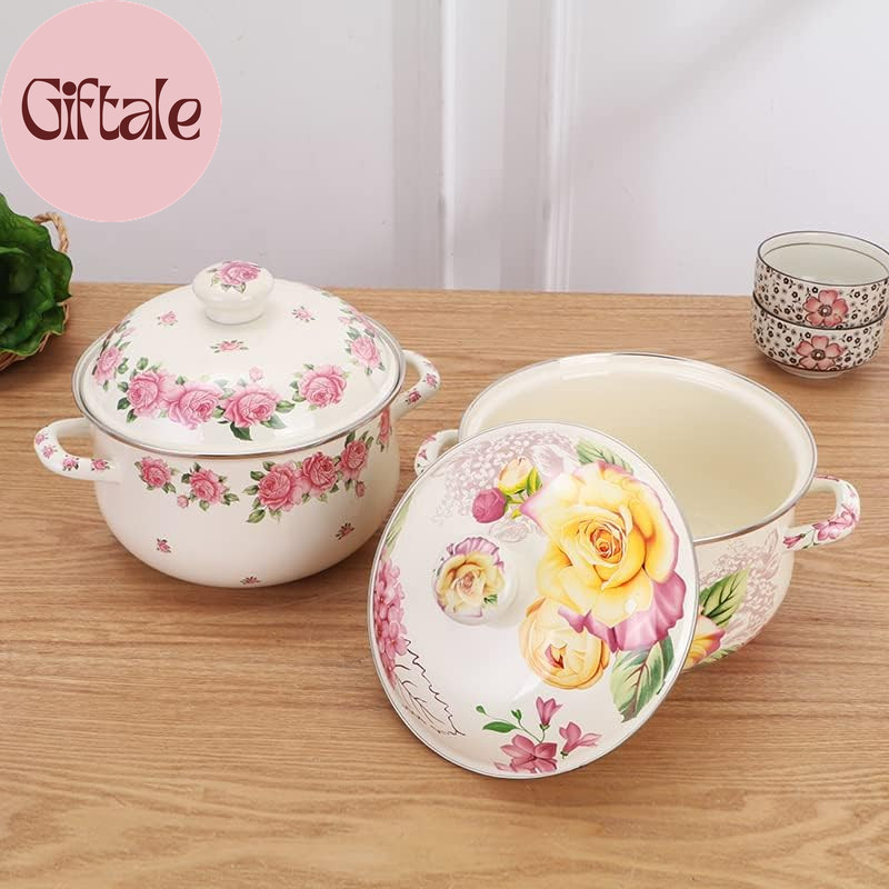 Enamel Stockpot with Lid, 2.8 Quart Retro Cooking Pot, Vintage Floral Stew Bean