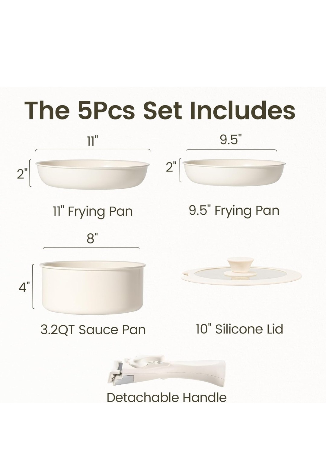 Chef Power Ceramic Nonstick Pot and Pan Set with Detachable Handle – Cream White