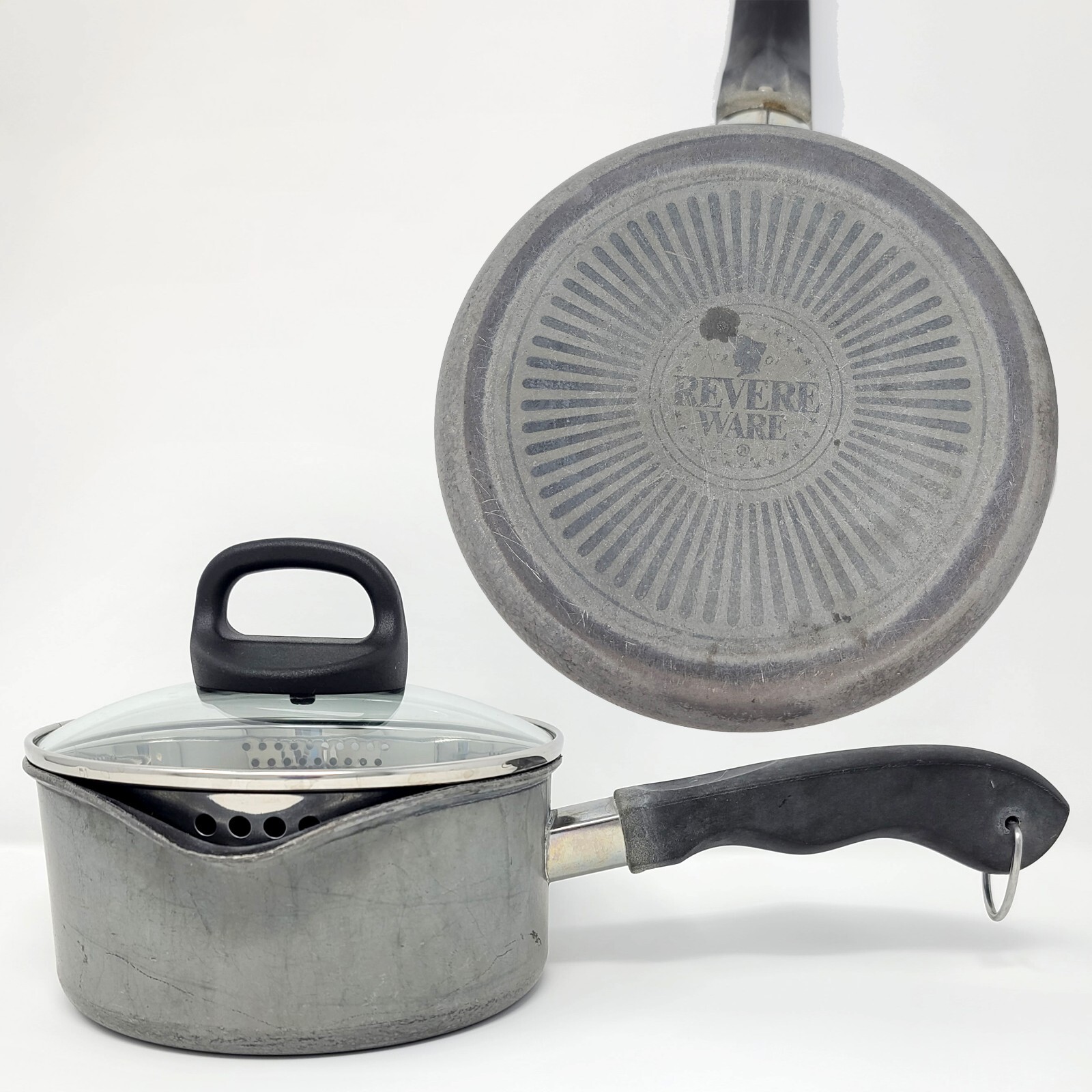 Revere Ware Spiral Bottom 1 Qt Sauce Pan Double Pour + Lid Non Stick Teflon RARE
