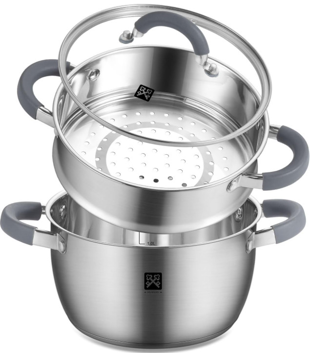 Olla Vaporera Acero Inoxidable 3,2 Qt 2 Niveles con Tapa Cesta Apta Inducción