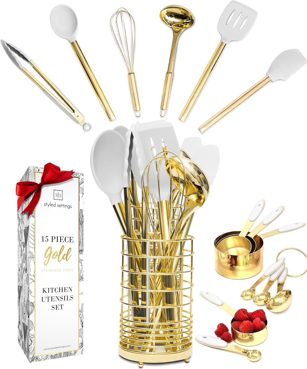 Styled Settings White and Gold Kitchen Utensils Set – 15-Piece BPA free,