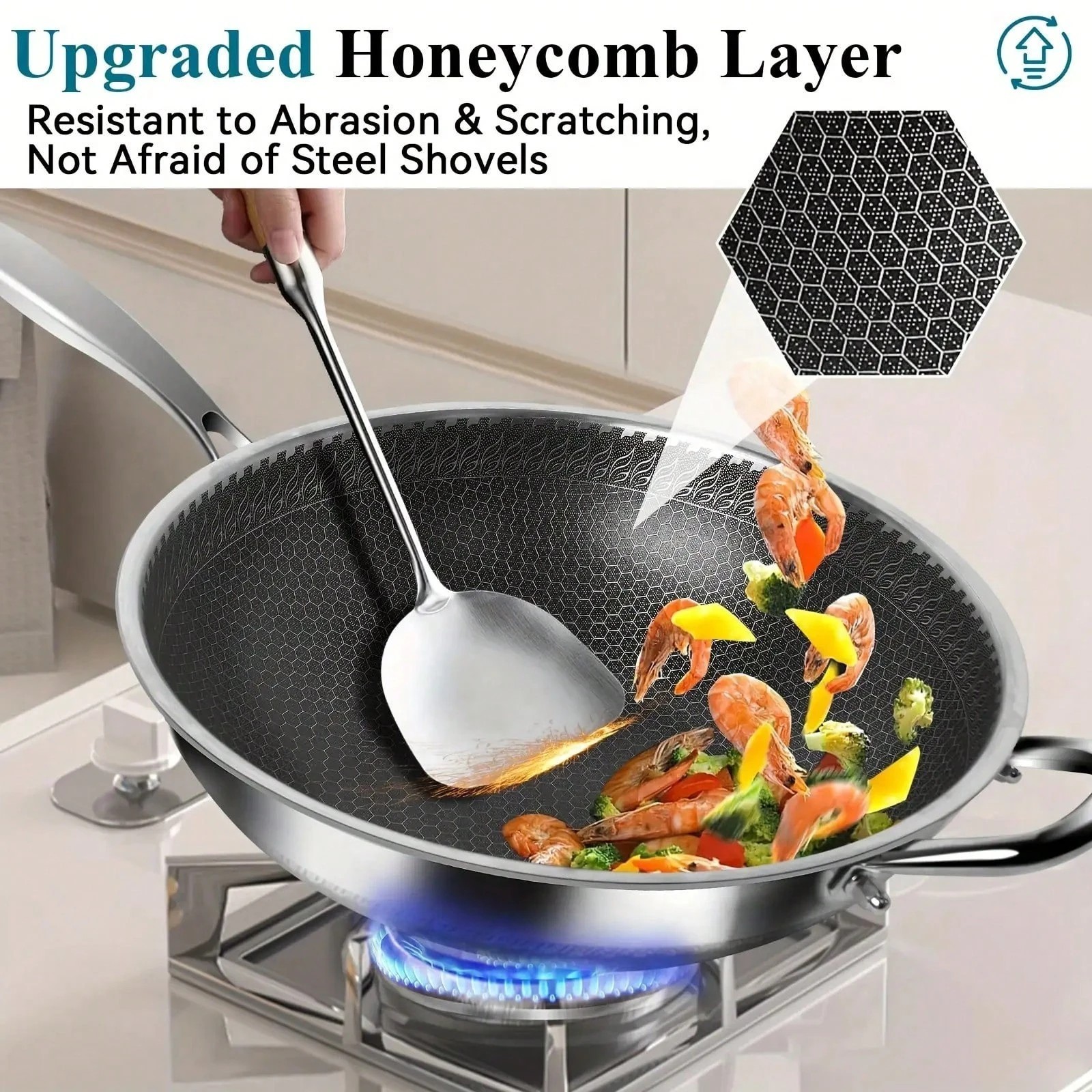 13.3″ Honeycomb Stainless Steel Wok Pan With Lid Scratch Resistant Induction