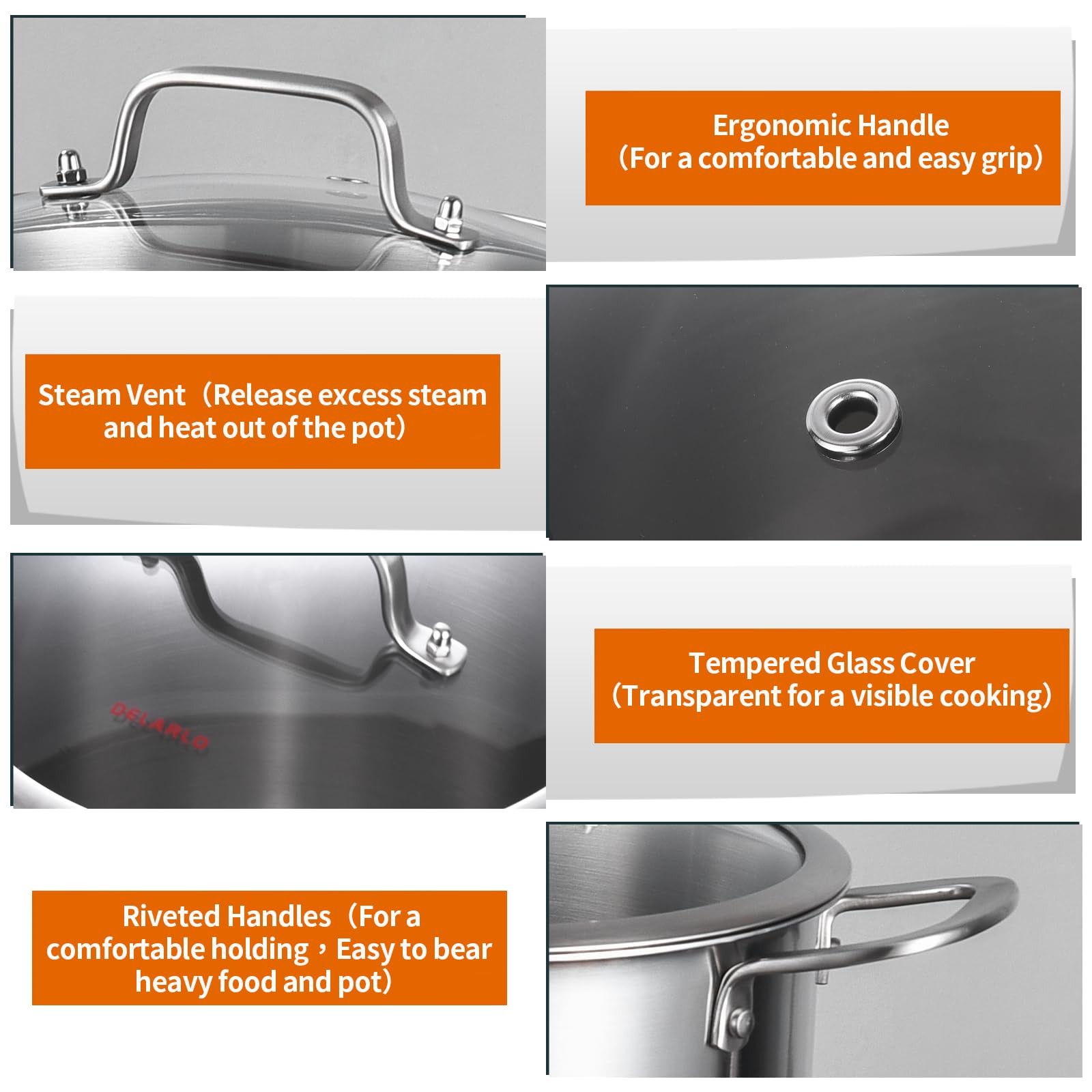 DELARLO Tri-Ply Stainless Steel 8 Quart Stock Pot, Heavy-Duty, All Stove Comp…