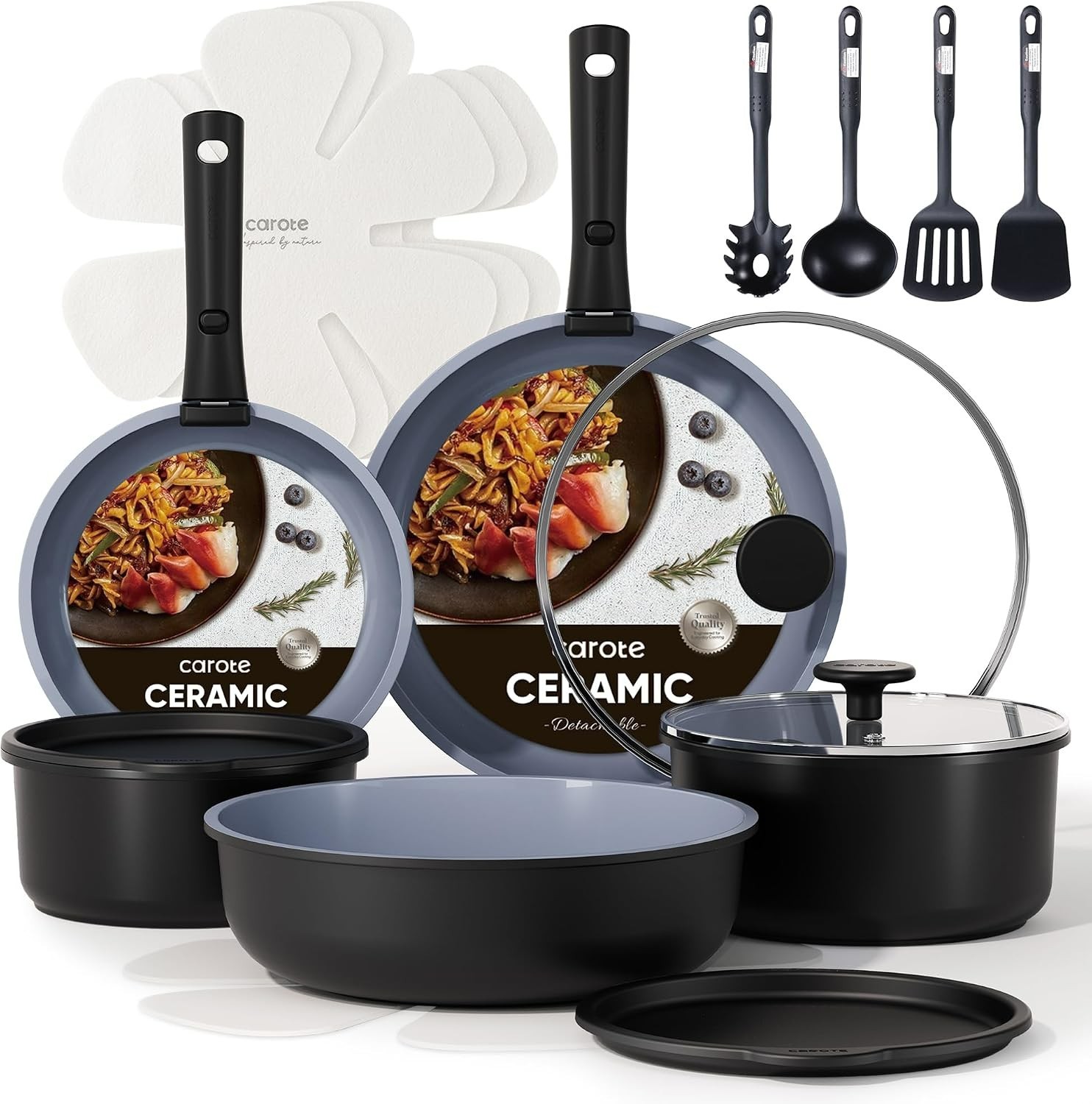 19pcs Ceramic Cookware Set Detachable Handle,Pots and Pans Non Stick | Kitche…