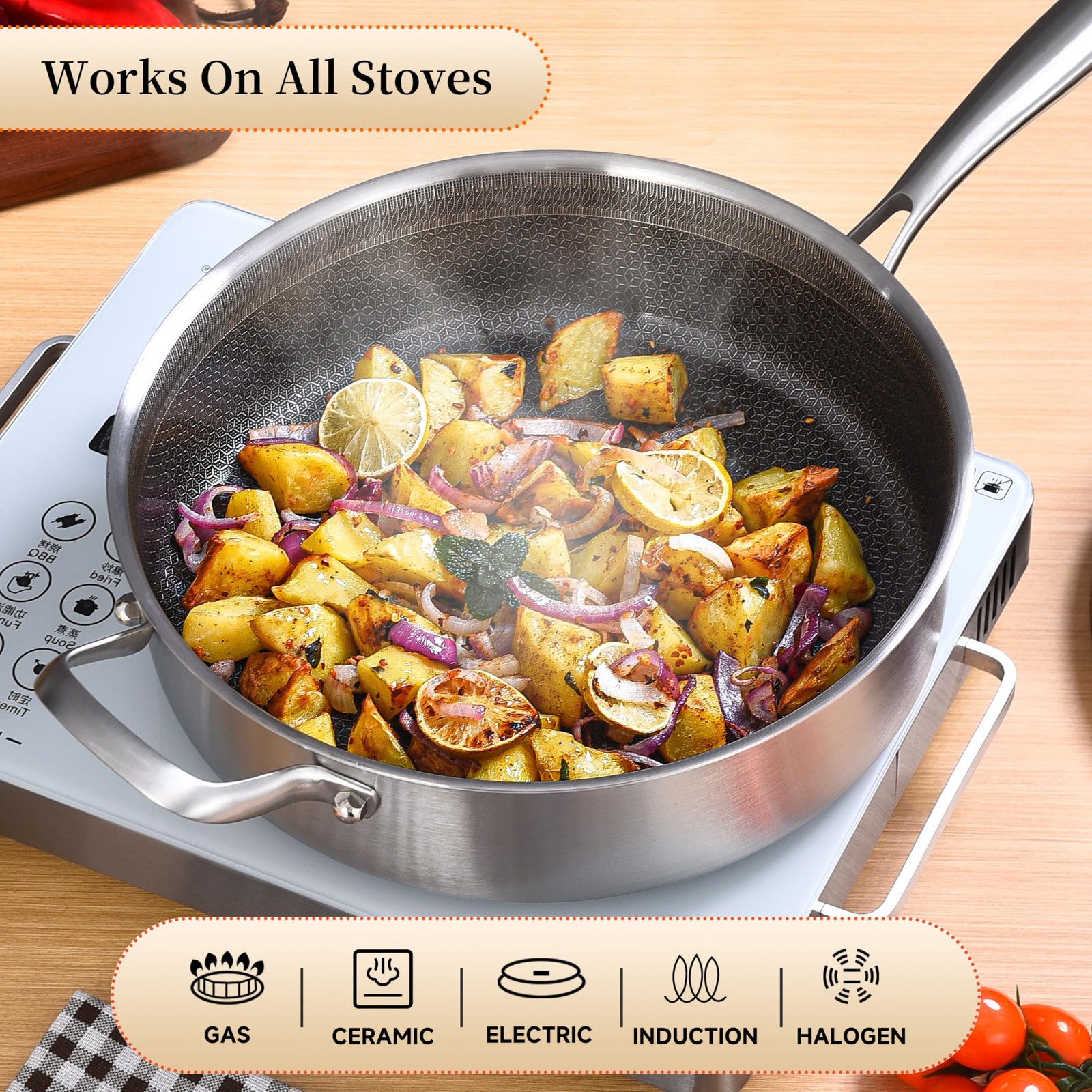 LOLYKITCH 5 QT Hybrid Ceramic Coating Non Stick Tri-Ply 5 with Lid, Silver