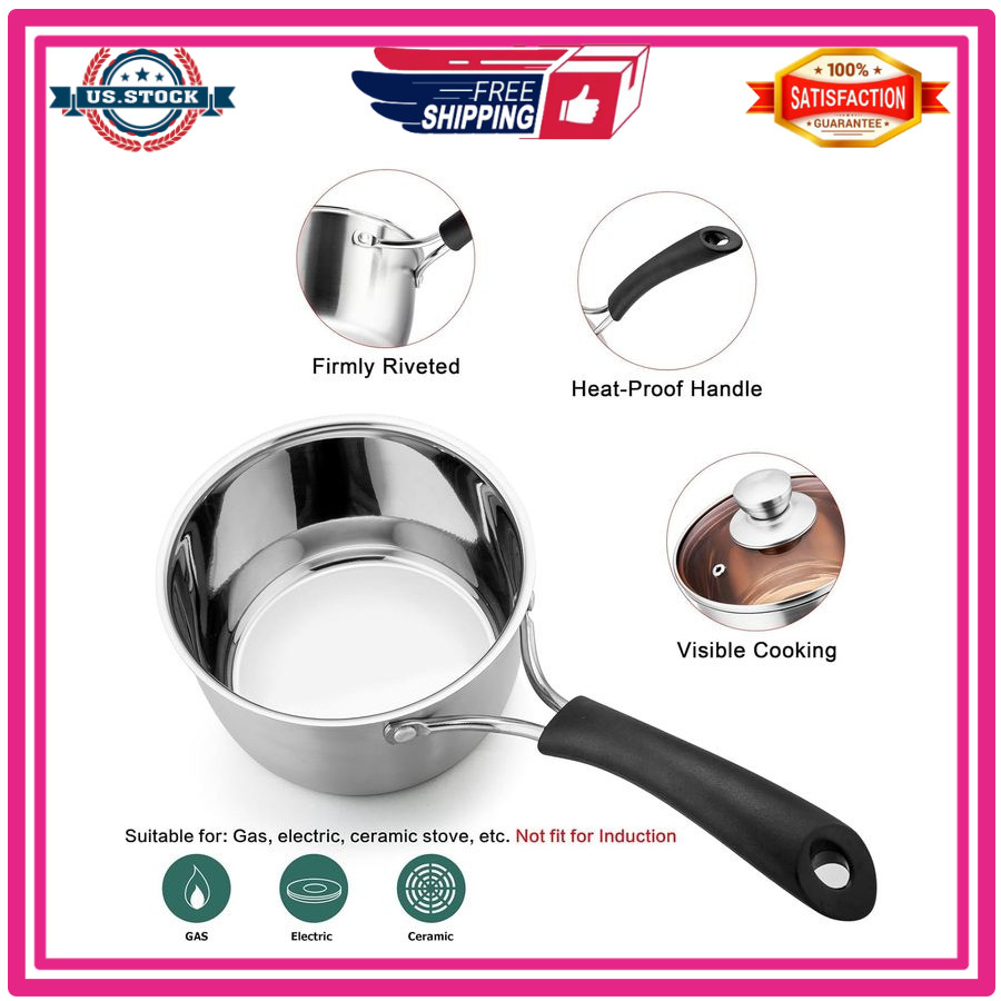 TeamFar 2QT Stainless Steel Saucepan with Lid Milk Pan Heatproof Handle