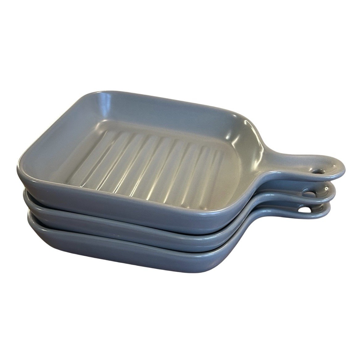 Lot Of 3 Square Griddle Pan Handle Oven & Microwave Safe Serve Ware Set Gray