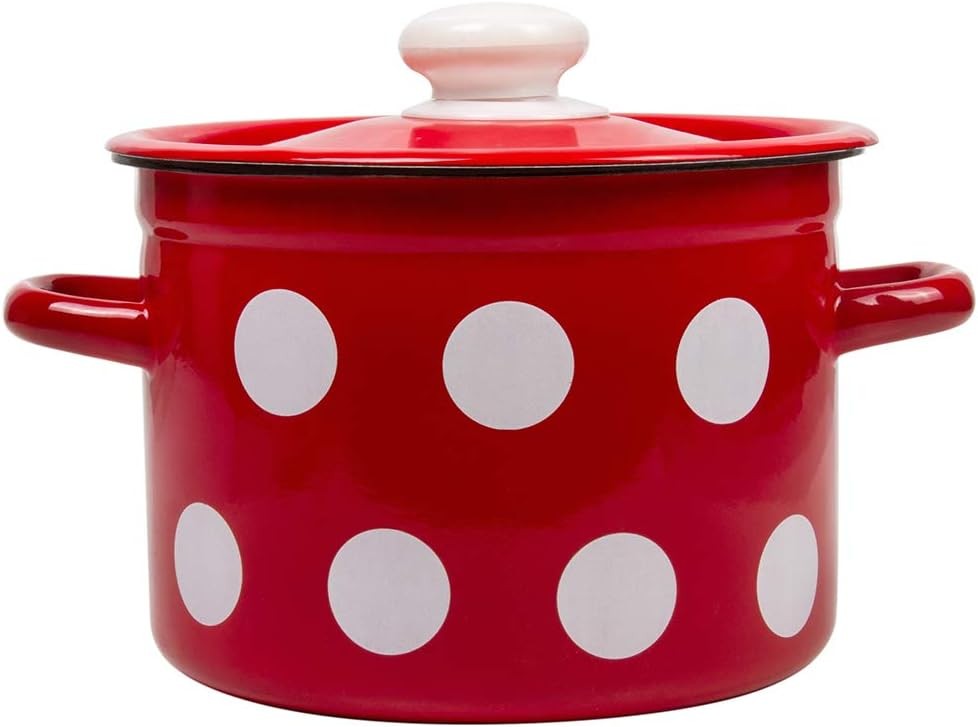 Stockpot Enameled Steel Pot Red White Polka-dot Enamelware Pot with Lid Kitchen