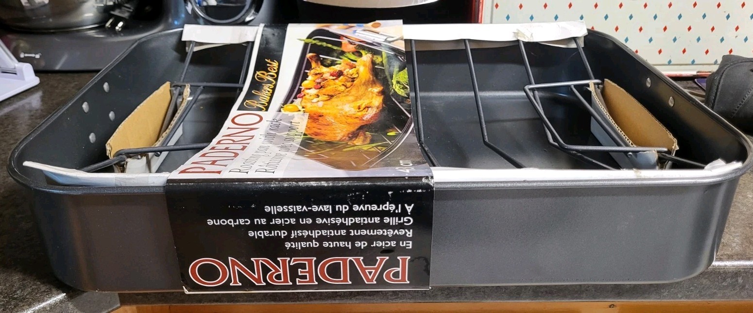 Large Paderno Roaster Pan with Rack NEW NEVER USED 17.5″ 43cm Long