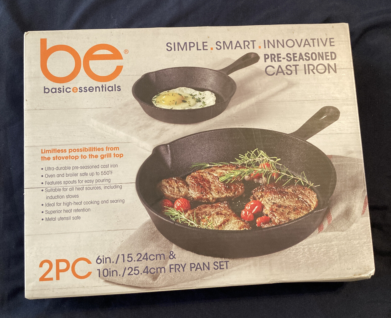 Basic Essentials 2 Piece Pre-Seasoned Cast Iron Fry Pan Set 6” & 10” Skillets