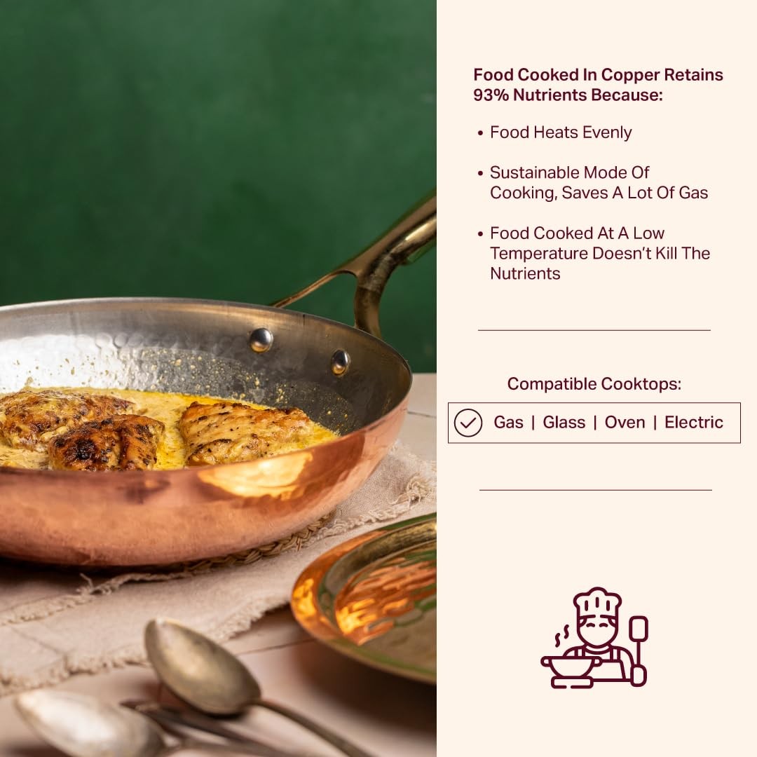 Handcrafted Copper Frying Pan with Insulated Brass Handle, Non-Toxic Malaysia…