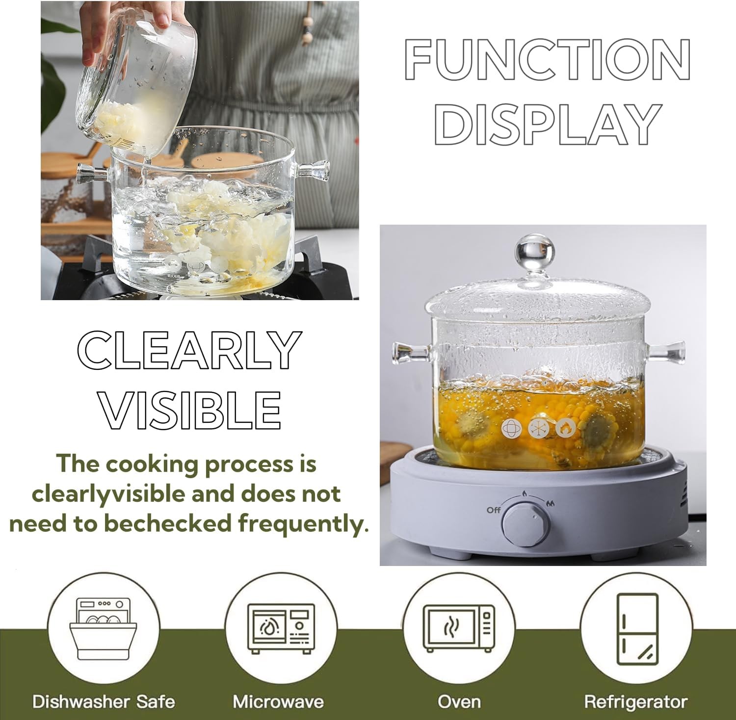 1.9L Glass Cooking Pots Heat-Resistant Borosilicate Glass Saucepan W/ Cover Hot