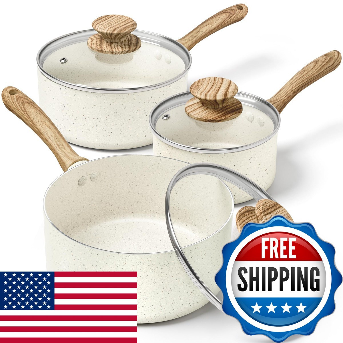 MICHELANGELO Saucepan Set 3-Piece 1Qt 2Qt 3Qt White