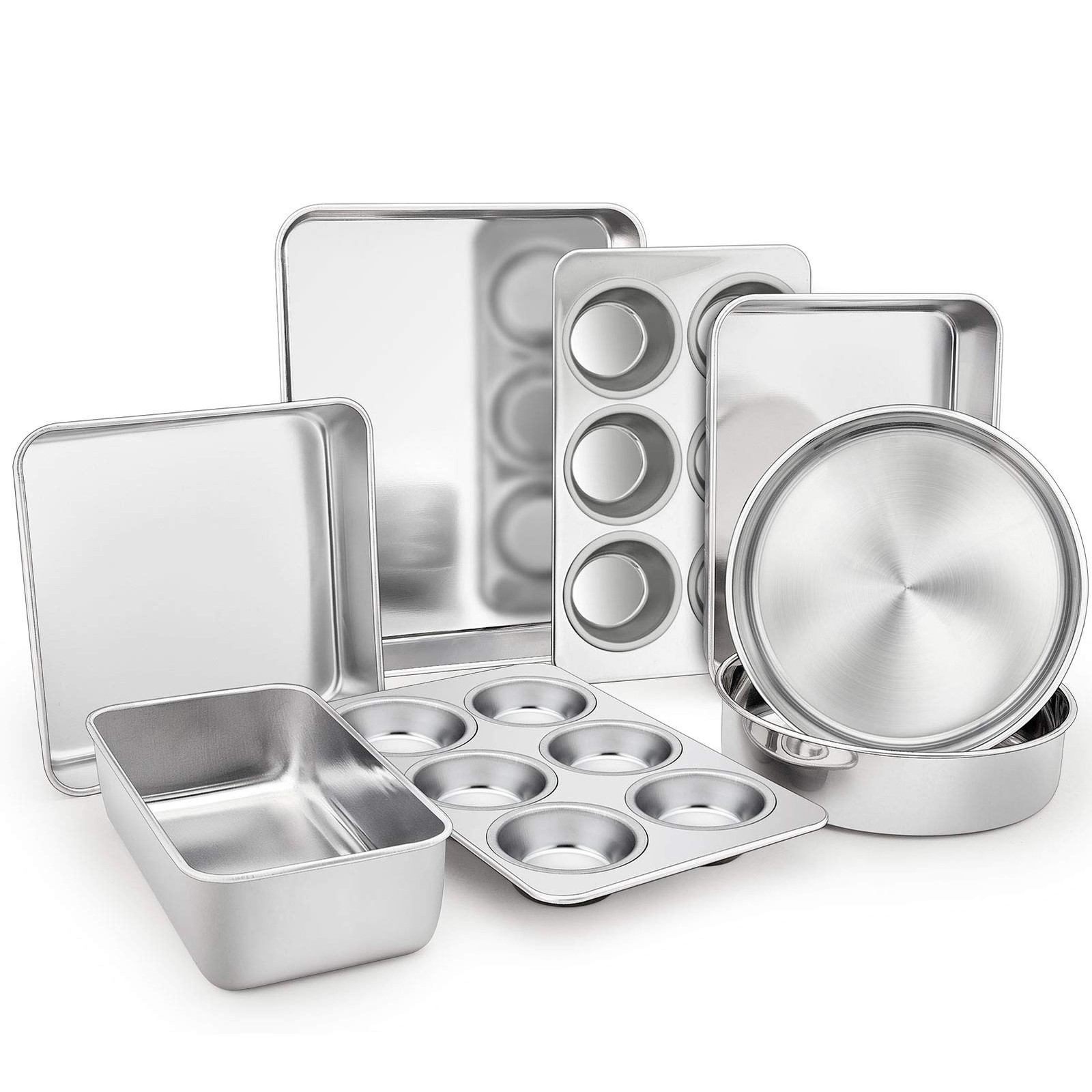 TeamFar Stainless Steel Bakeware Set of 8, Baking 12⅖” x 9¾”x 2”, Silver