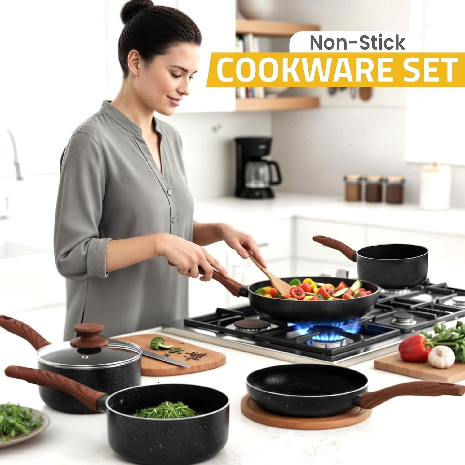 Non-Stick Granite Cookware Set 8 Piece – Induction Frying Pans & Saucepans, PFOA