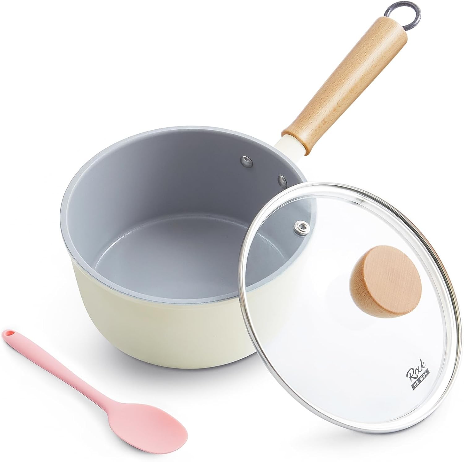 Ceramic Nonstick Sauce Pan 3 QT Pot W/ Steamer Non Toxic & PFAS-Free Wooden
