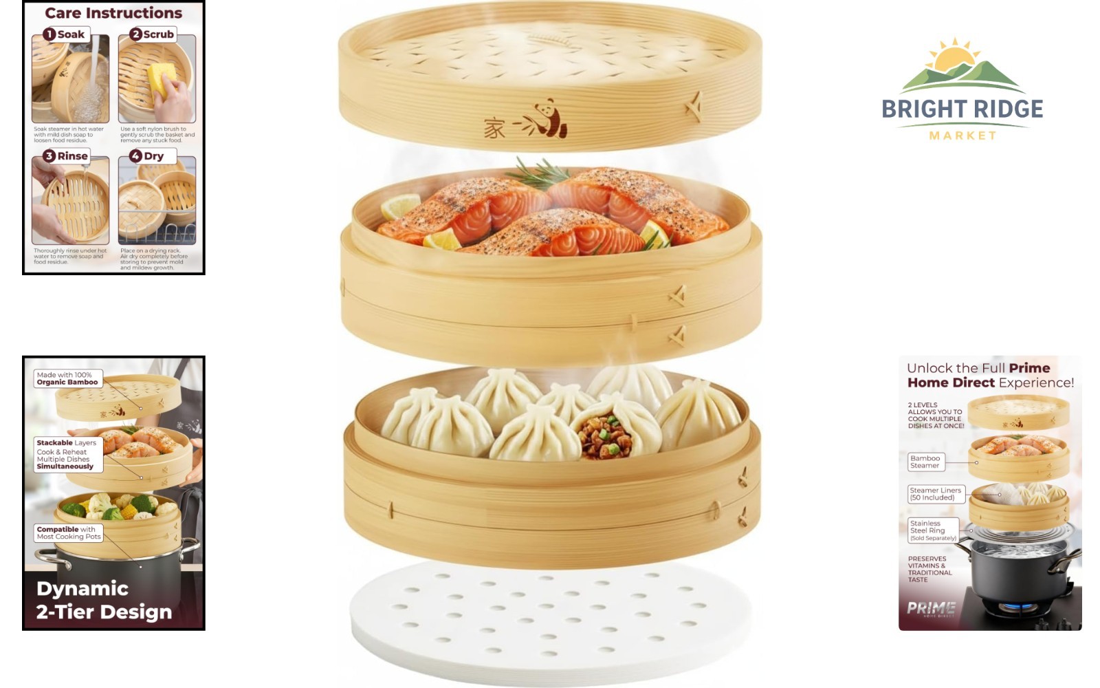 Authentic 2-Tier Bamboo Steamer with Lid for Cooking Rice and Asian Delicacies