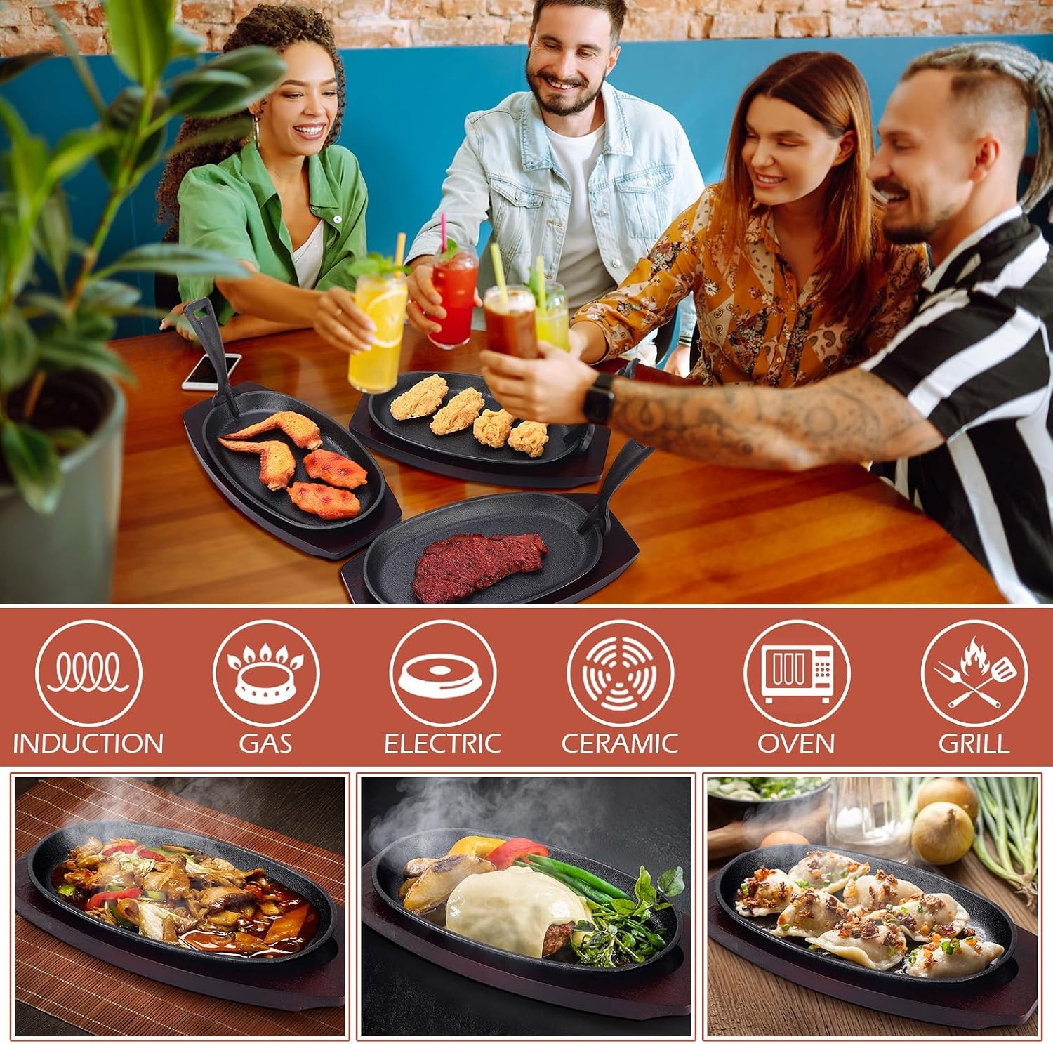 12 Pieces Cast Iron Fajita Skillet Pan Set Sizzling Steak Plate with Wooden Base