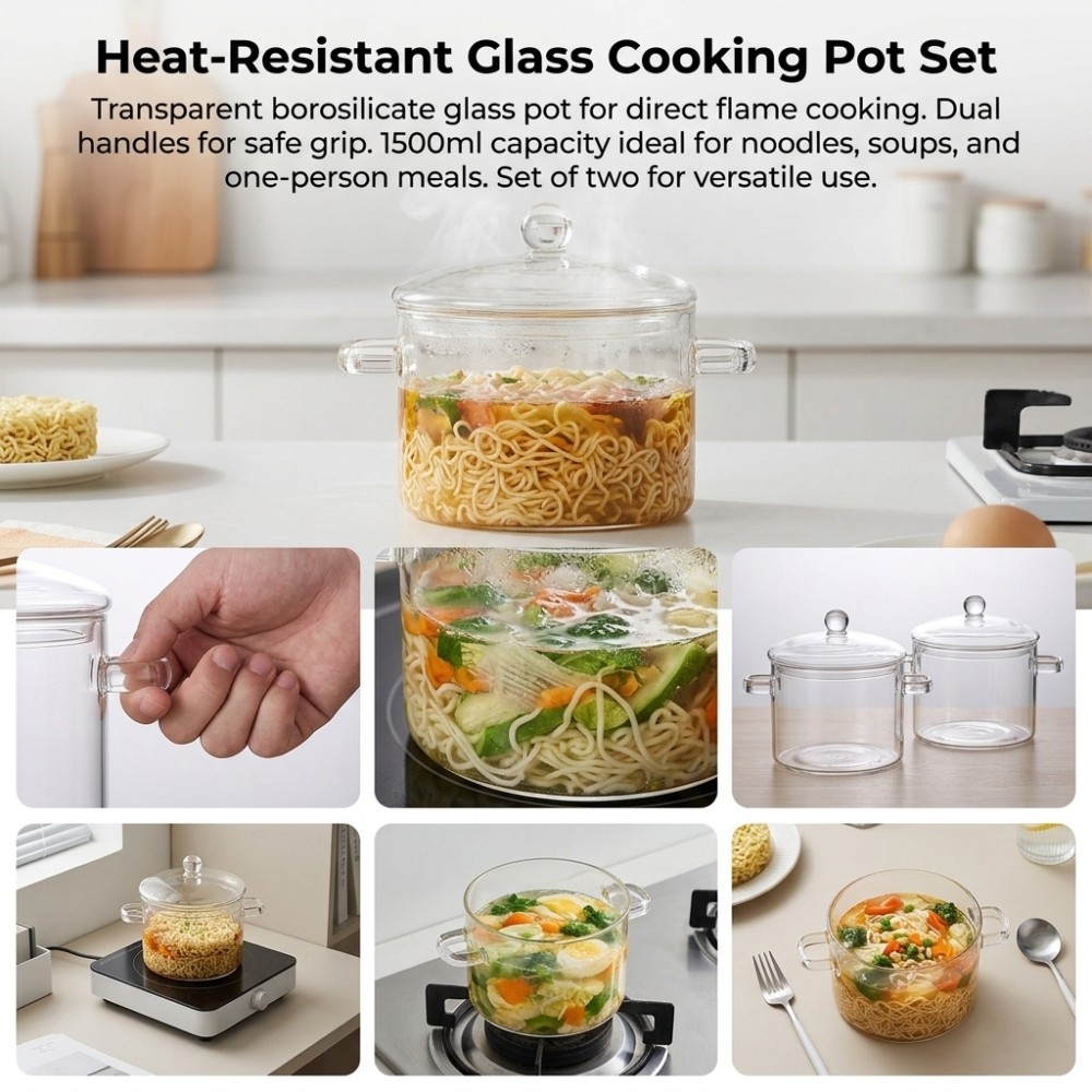 Borosilicate Glass Cooking Pot 1500ml Heat Resistant Stew Pan for Kitchen 2 Pack