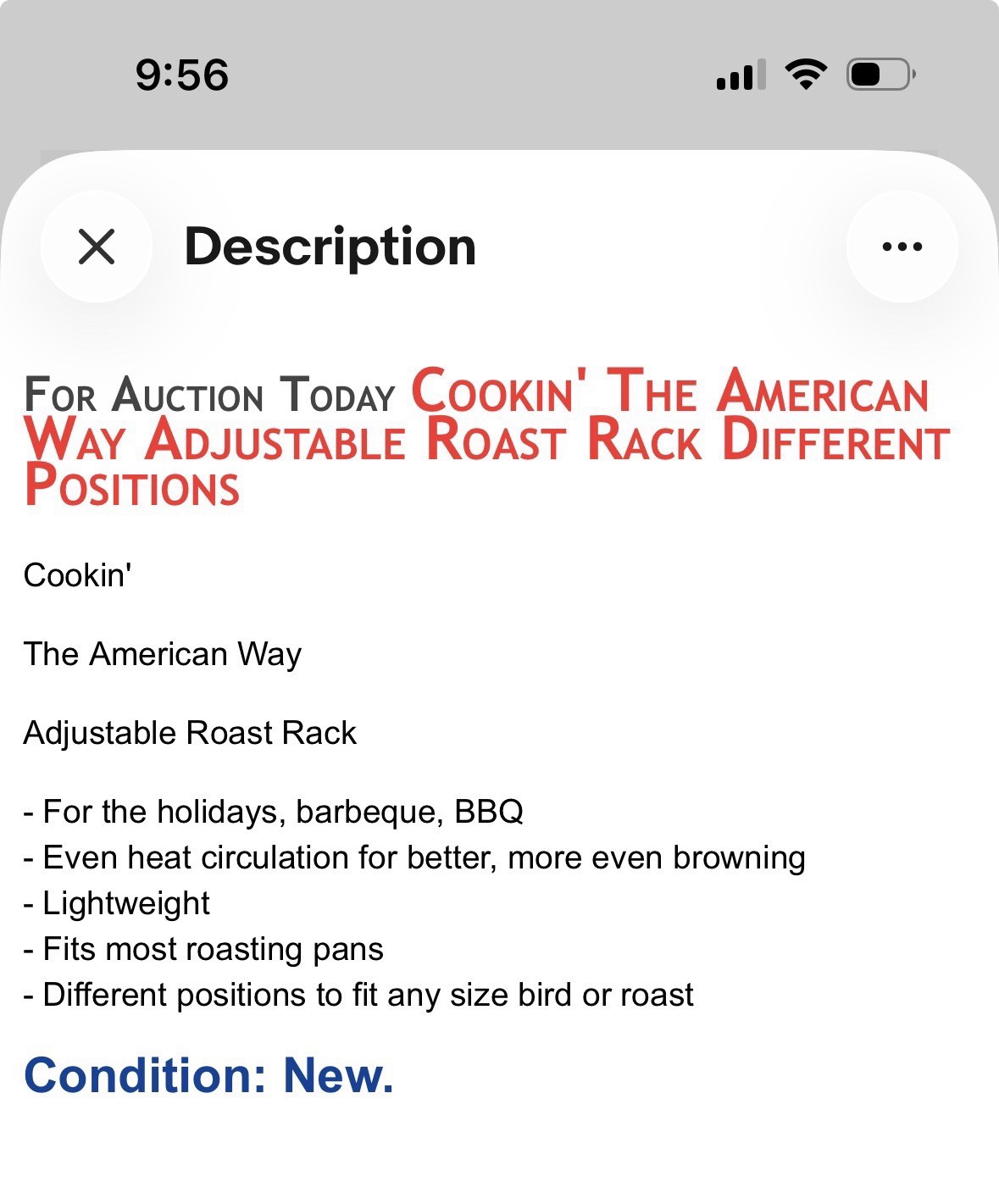Cookin’ The American Way Adjustable Roast Rack Different Positions New In Box