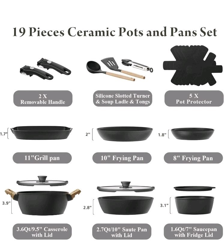 Bazova 19 Pcs Pots and Pans Set Non Stick Ceramic Cookware Set with Removable…