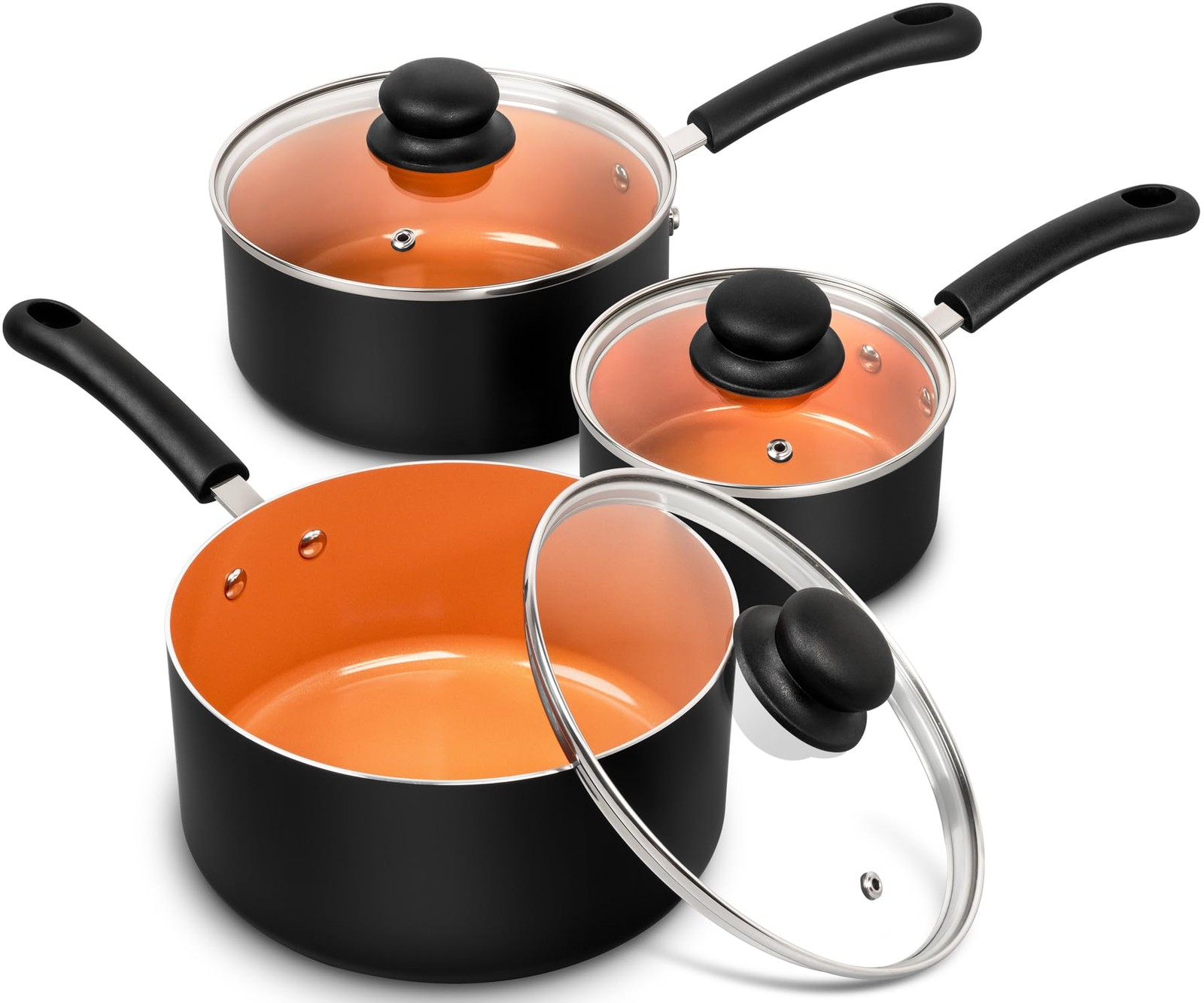 Nonstick Sauce Pan with Lid 1QT, 2QT & 3QT, Ceramic Saucepan Set, Copper Sauc…