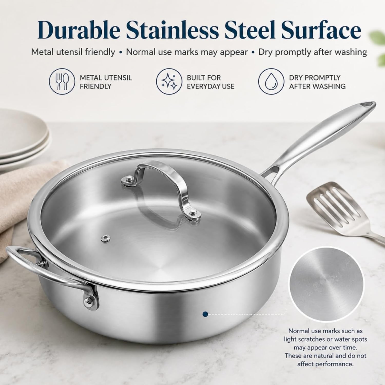 11 Inch Tri-Ply Stainless Steel Saute Pan with Glass Lid, 4.7 QT Deep Skillet