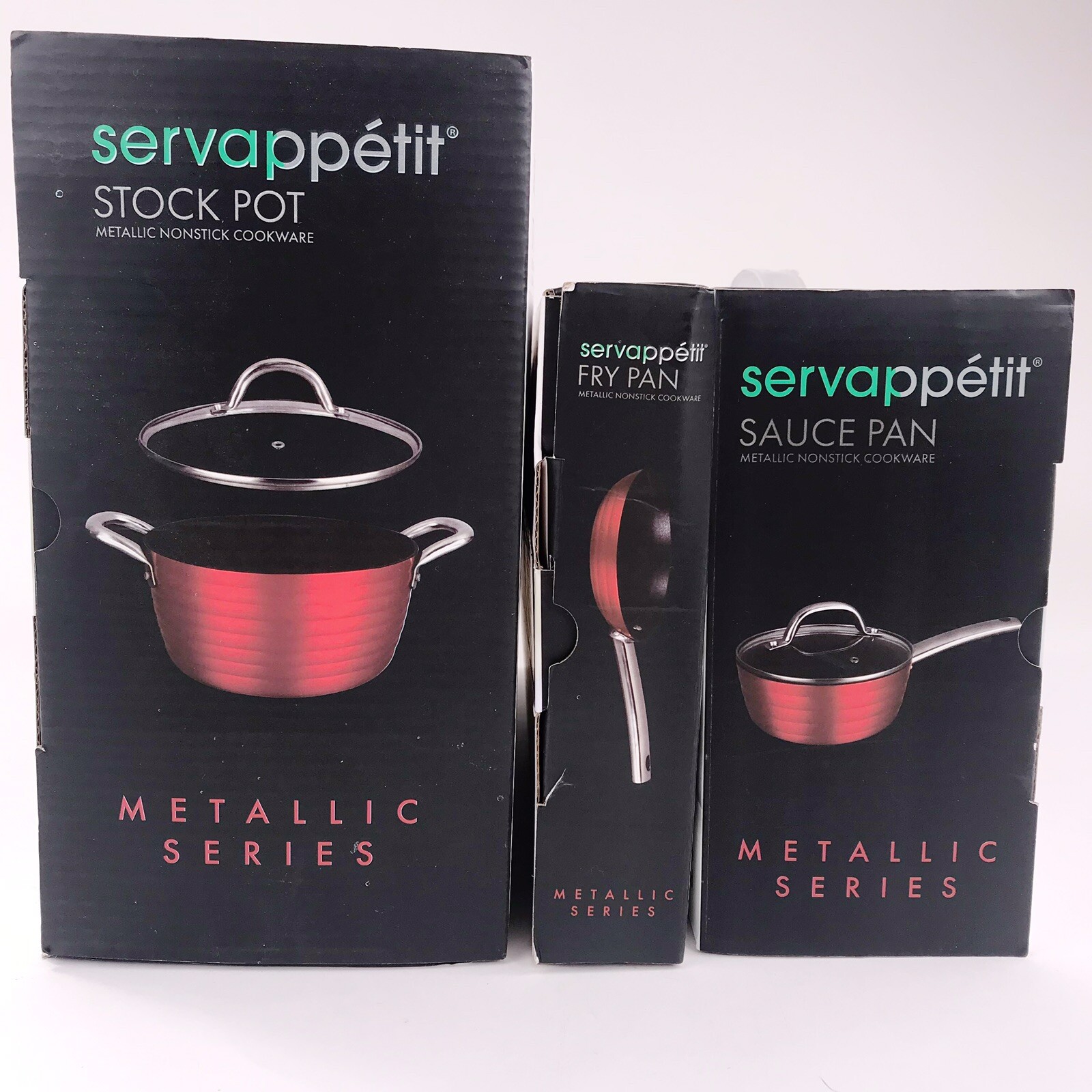 Servappetit Red Metallic 5 Qt. Stock Pot, 2 Qt Sauce Pan Glass Lids, 7in Fry Pan