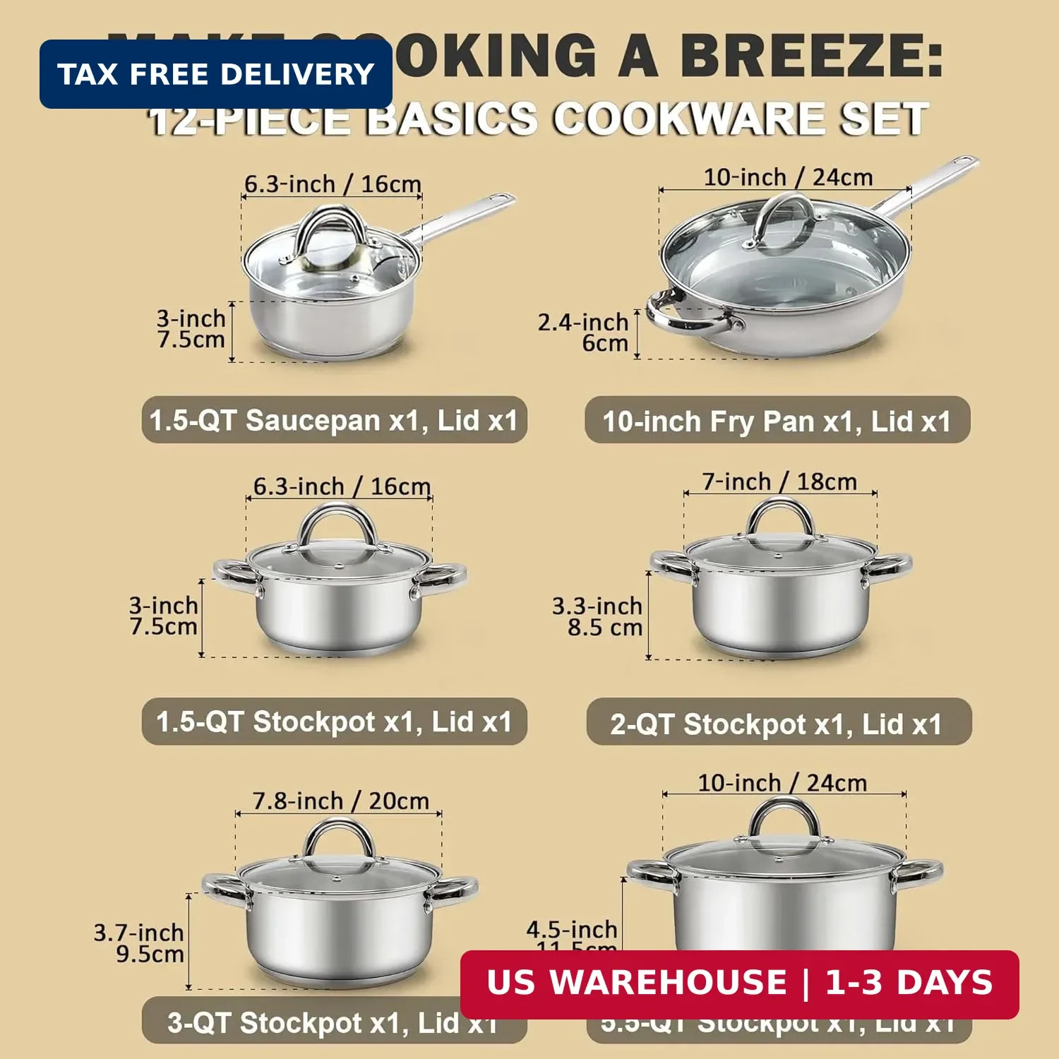 Cook N Home Kitchen Cookware Sets, 12-Piece Basic Stainless Steel Pots and Pans,