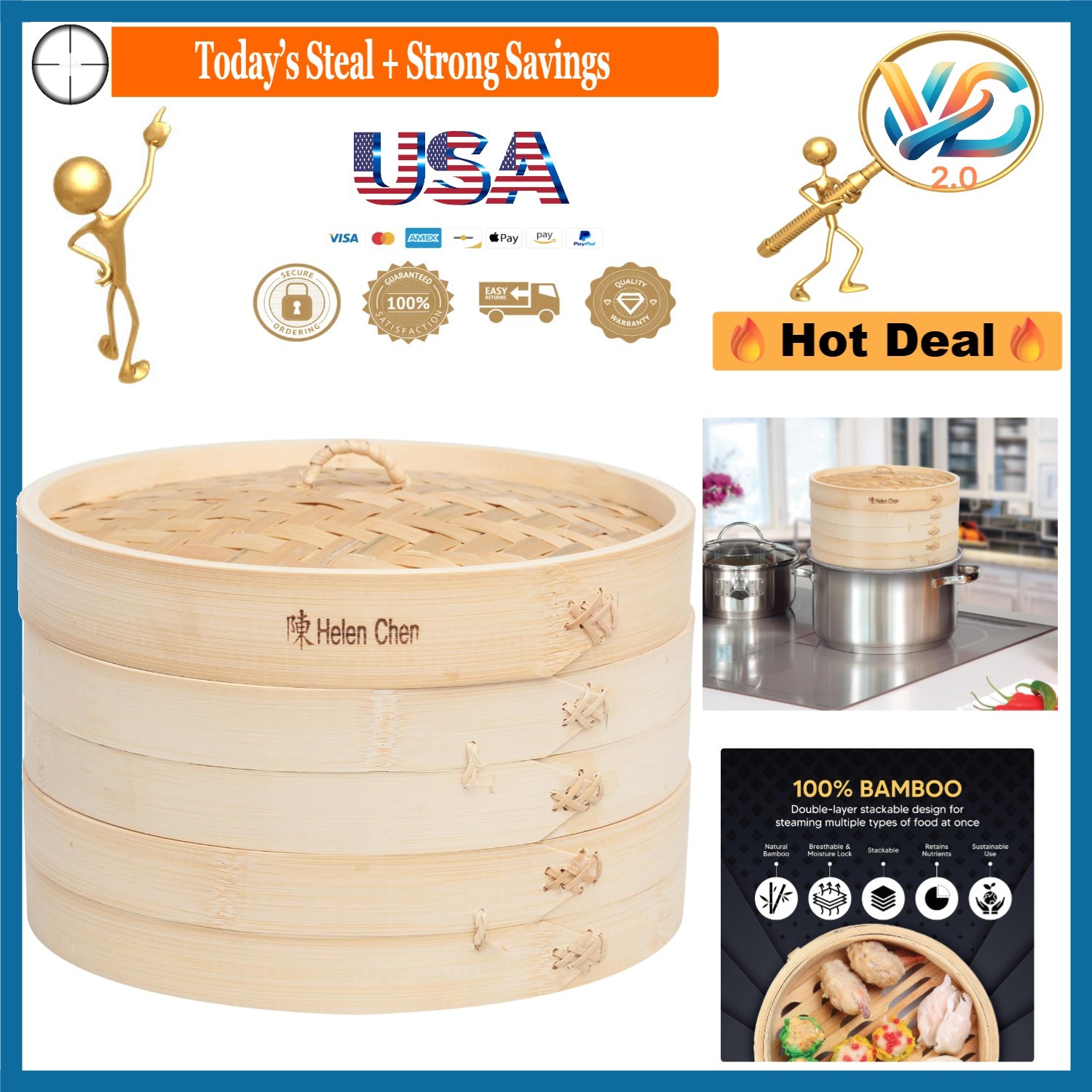 10-Inch Bamboo Food Steamer Basket with Lid Natural for Dumplings Veggies Fish