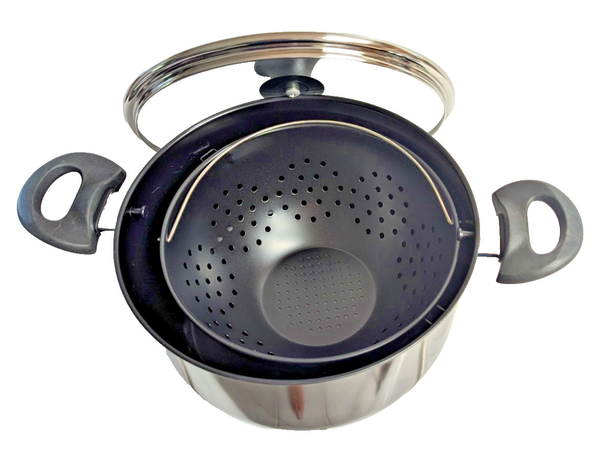 Non-Stick Easy Strain Pot Tilt Cookware 3-pc Black Clear Steam Release Lid NEW