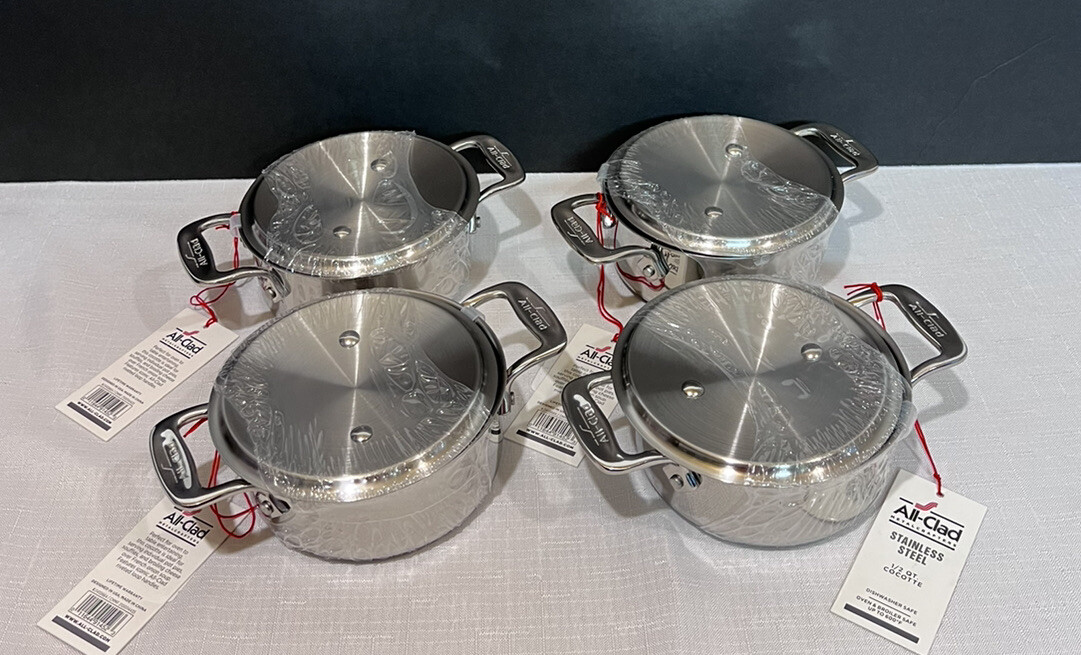 (4) All-Clad Stainless Steel Mini Cocotte 1/2 Qt Saucepan & Lid Single Serve NWT