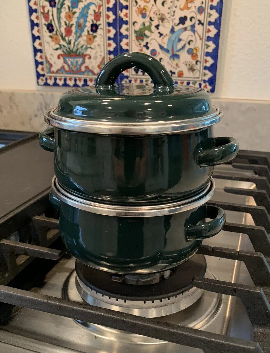 Vintage Two MEGAWARE 0.5 QT. Cooking Pots (2) Green Black ENAMELWARE w/Lids 4-PC
