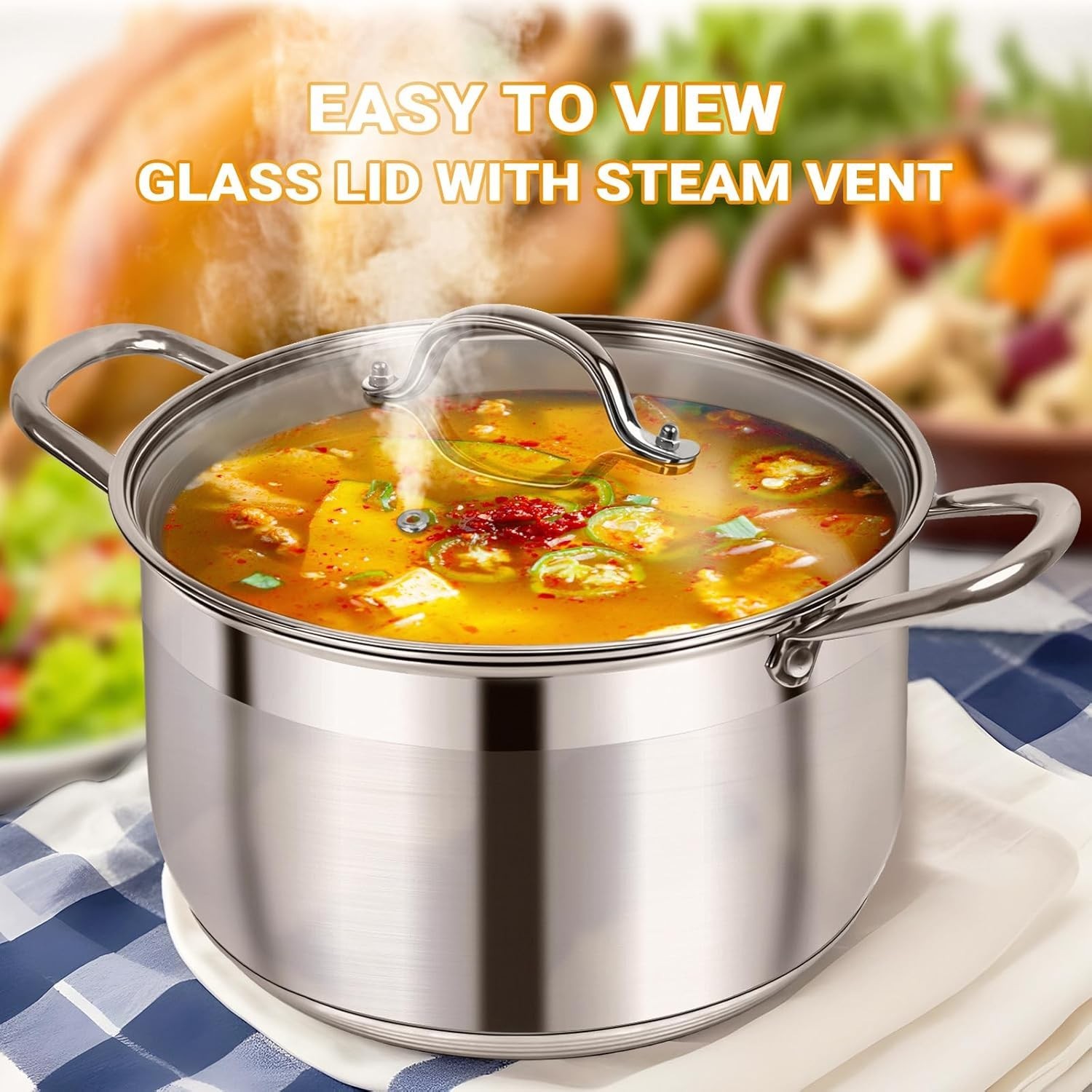 Non-Stick 12 Quart Stainless Steel Pot with Riveted Handles & Transparent Lid