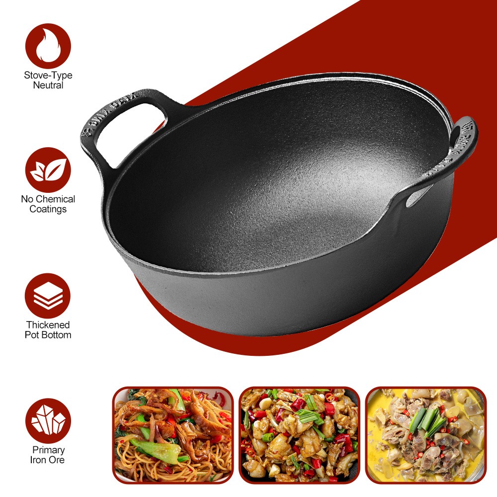 Cast Iron Wok with Handles Grilling Pan 20cm Non-stick Cooking Pot for Camping