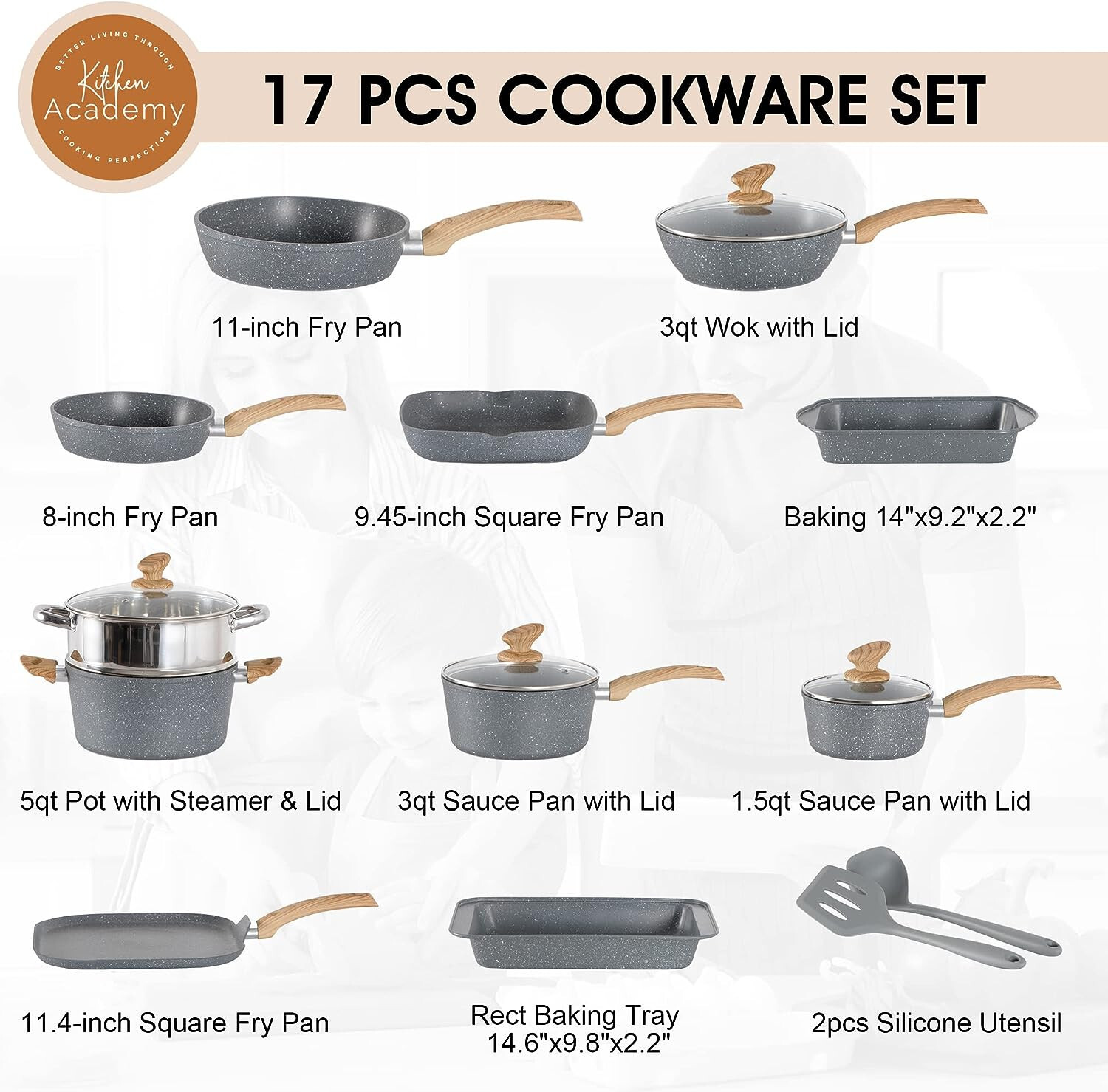 17 PCS Pots and Pans Set Nonstick Induction Cookware Set Granite Coated Pot Set