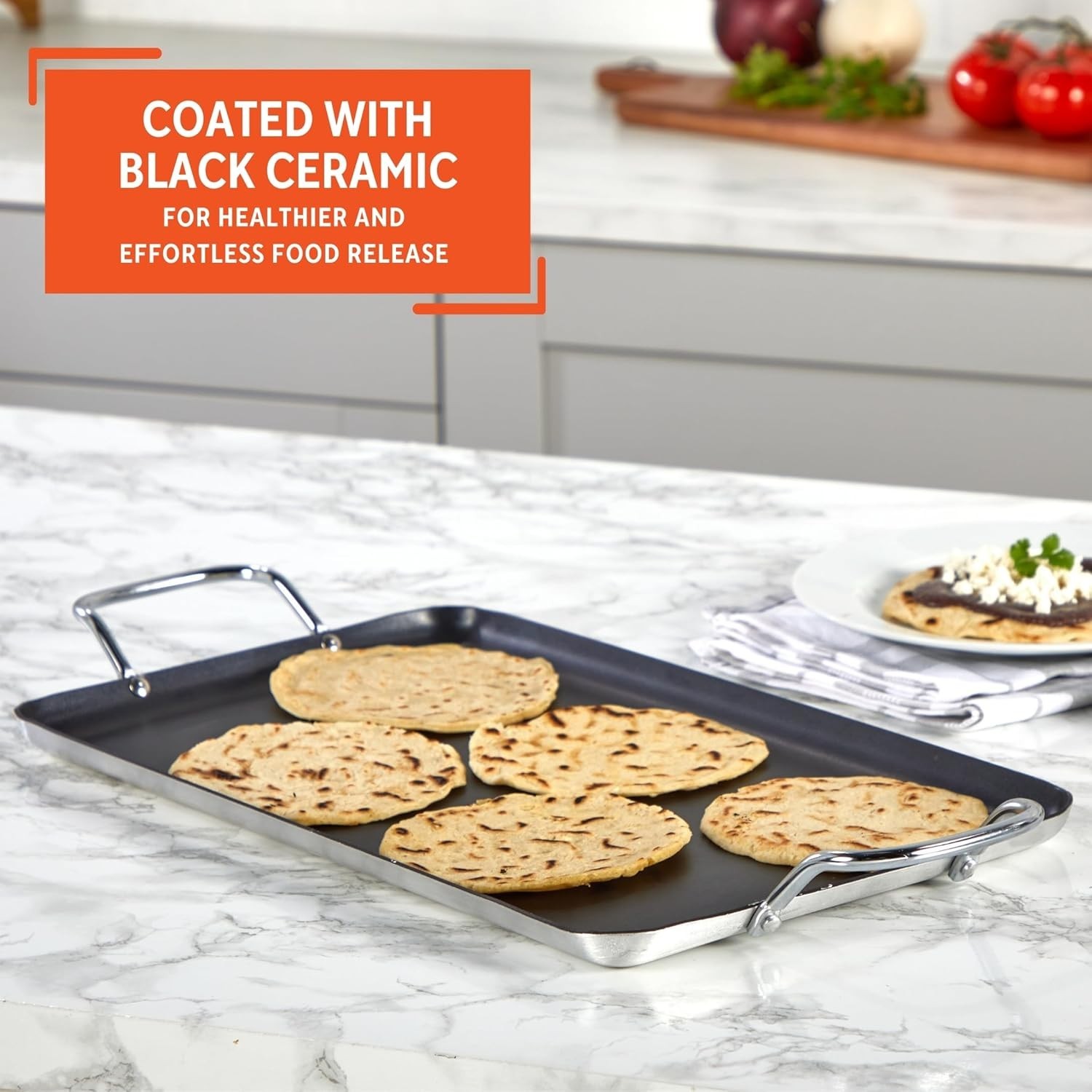 19″ Ceramic Nonstick, Stovetop Double Burner Griddle with Metal Handles Black
