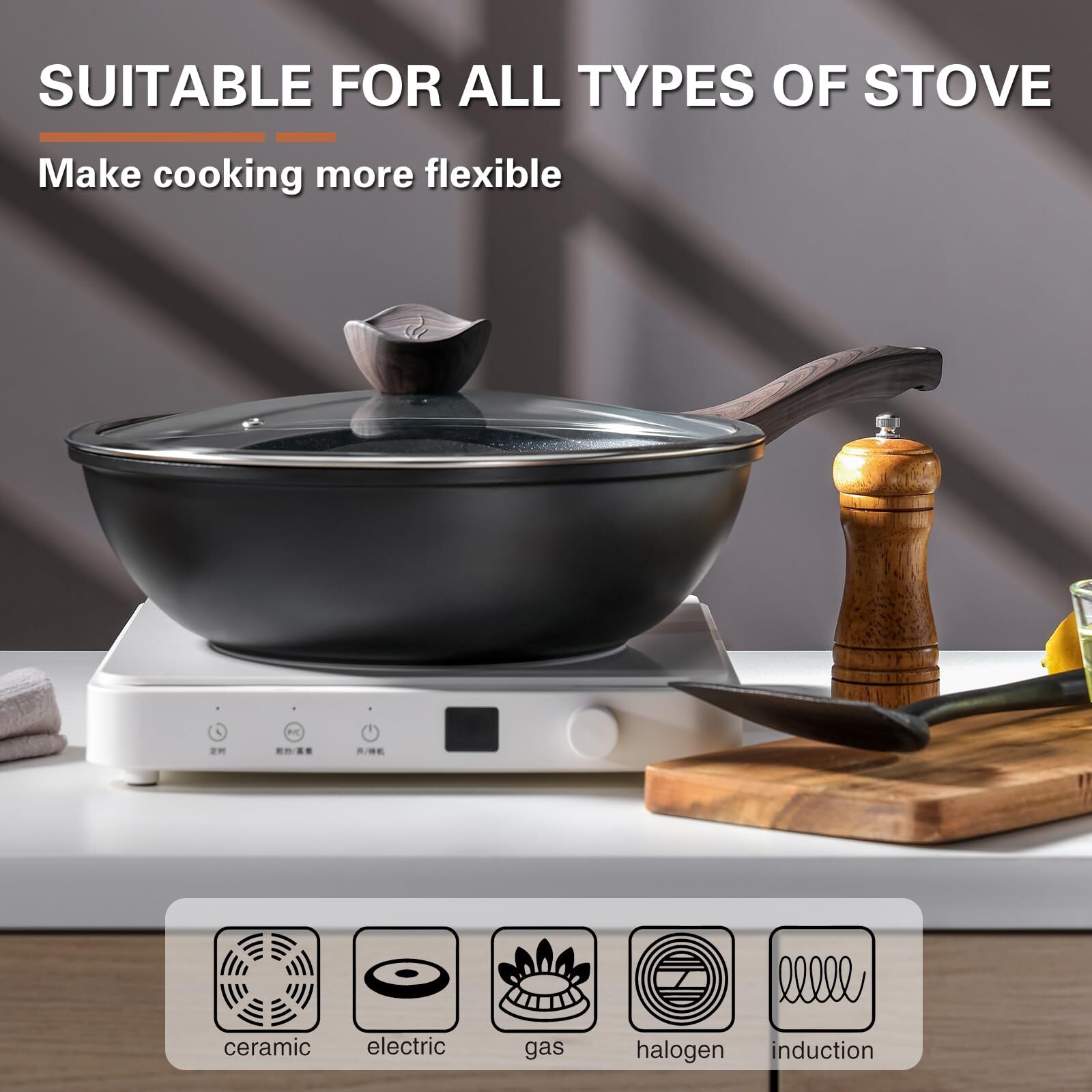 Nonstick Wok With Lid 12 Inch Woks & Stirfry Pans Granite Stone Coating For Cook