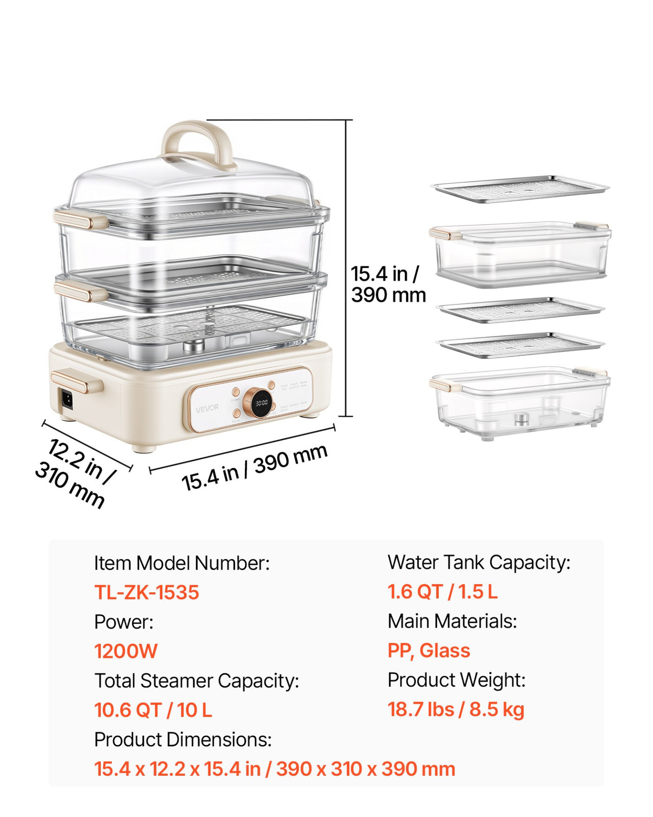 10.6QT Electric Food Steamer 3 Tier Stainless Trays 1200W White Cooker