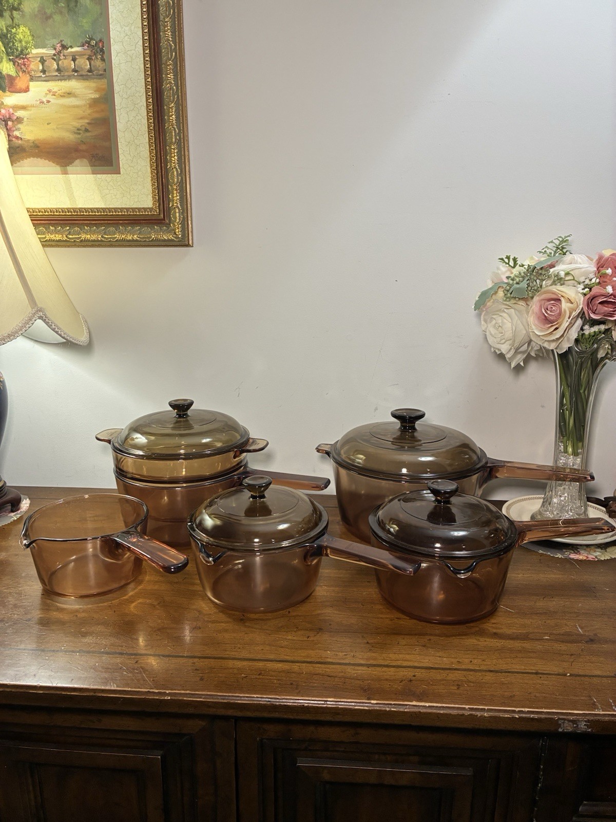 Vintage Corning Ware Amber Vision 10p 4 Sizes Sauce Pans Double Boiler USA