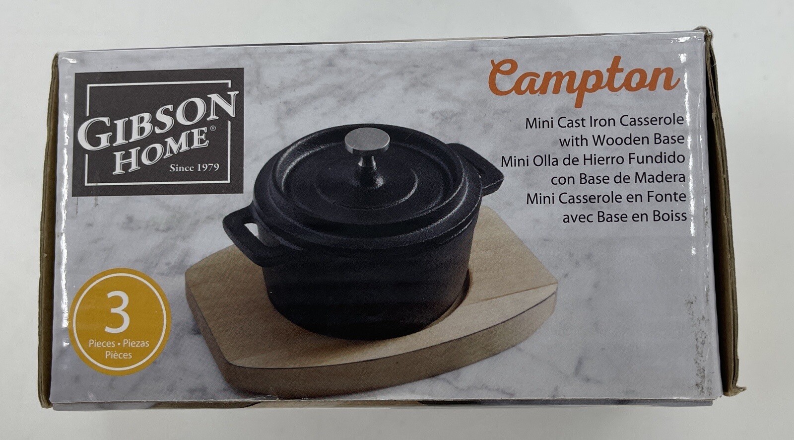 Gibson Home Campton Mini Cast Iron Casserole Wooden Base 4″ Round Dutch Oven