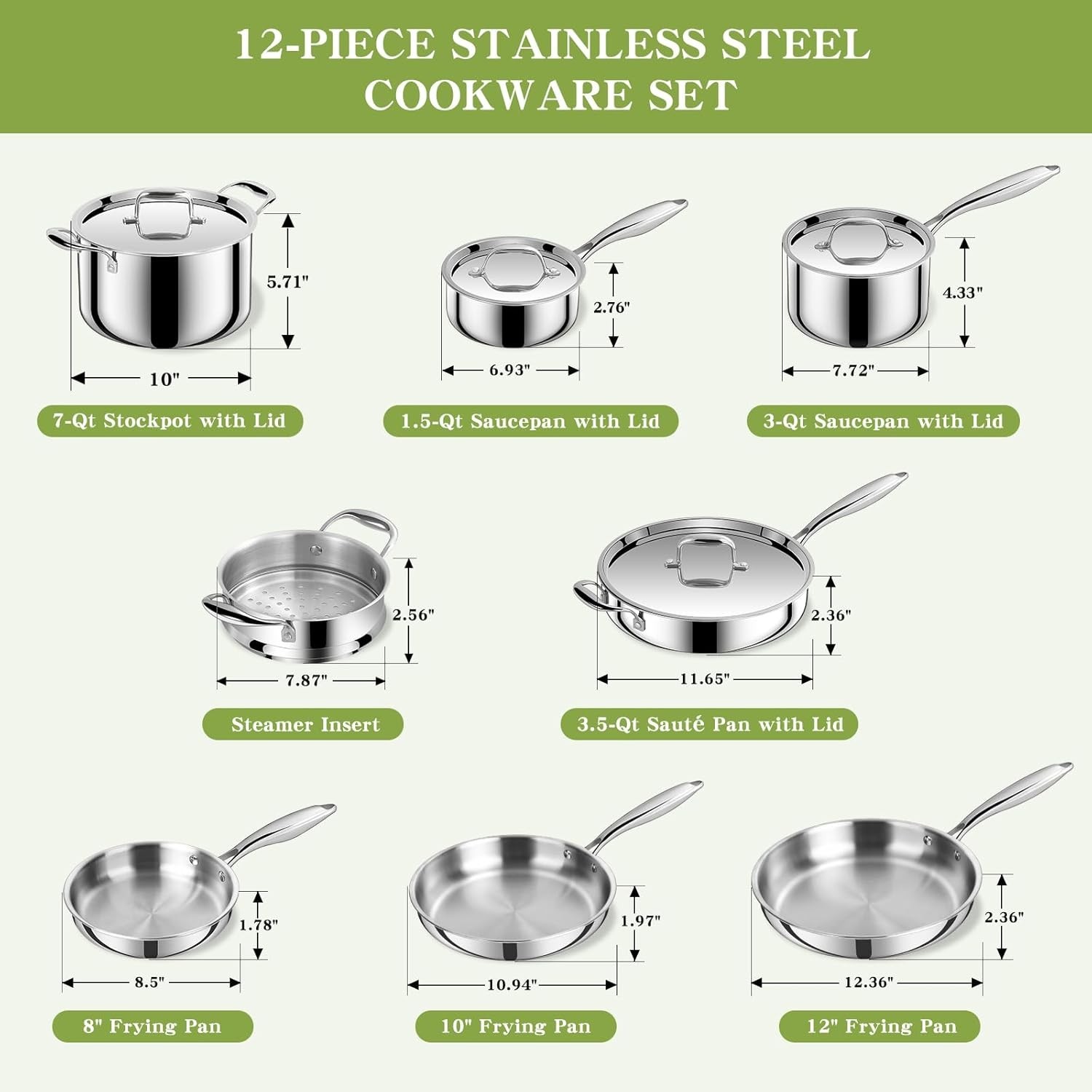 12-Piece Triple Ply Stainless Steel Cookware Set – Induction & Dishwasher Safe