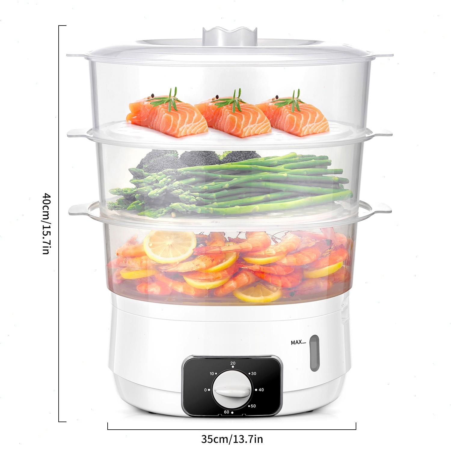 13.7QT Electric Food Steamer, 3-Tier, 800W, 60-Min Timer, BPA-Free Baskets