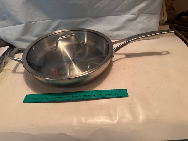 NEW Calphalon® “PREMIER” TRI-PLY STAINLESS STEEL 12″ FRY PAN W/LID + HELPERS HDL