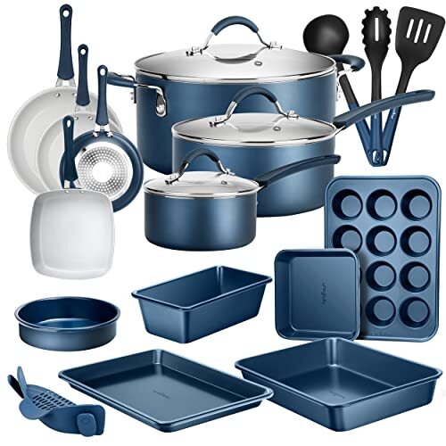 NutriChef NCCW20SBLU 20-Piece Nonstick Kitchenware Pots & Pans Set