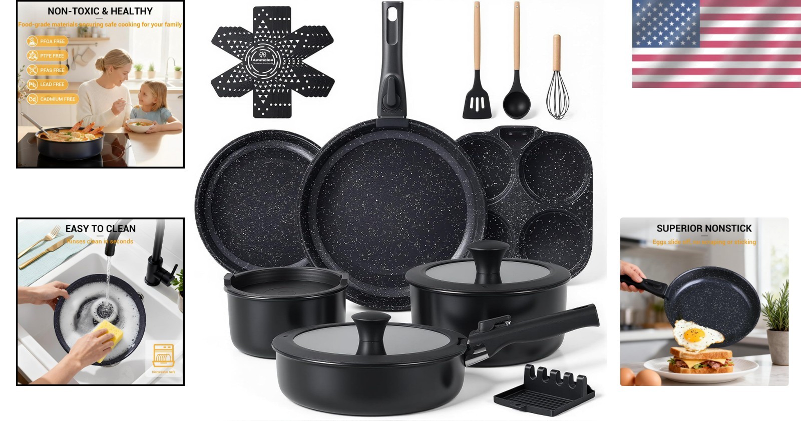 21-Piece Ceramic Pots and Pans Set Non Stick with Detachable Handles and Egg Fry