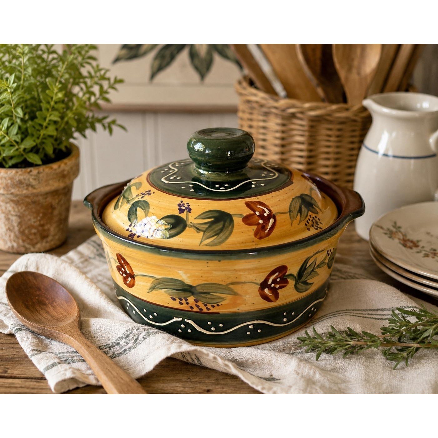 Hand Painted Ceramic Dish Mediterranean Style PotteryLidded Bowl, Rustic Kitchen